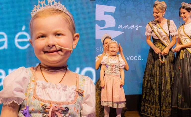 Com leucemia, menina de 6 anos é coroada princesa mirim do Oktoberfest em Blumenau; VÍDEO