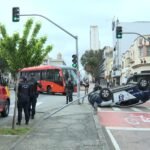 VÍDEO: viatura da Guarda Municipal capota após bater em ônibus biarticulado em Curitiba