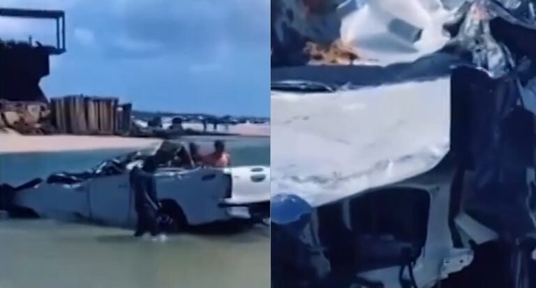Caminhonete de luxo tem teto esmagado e fica destruída ao ser jogada contra pedras por força da maré, no Pará