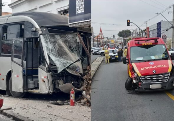 Acidente com carro e ônibus mobiliza resgate, e ambulância enviada para atendimento é atingida por outro carro, em Curitiba