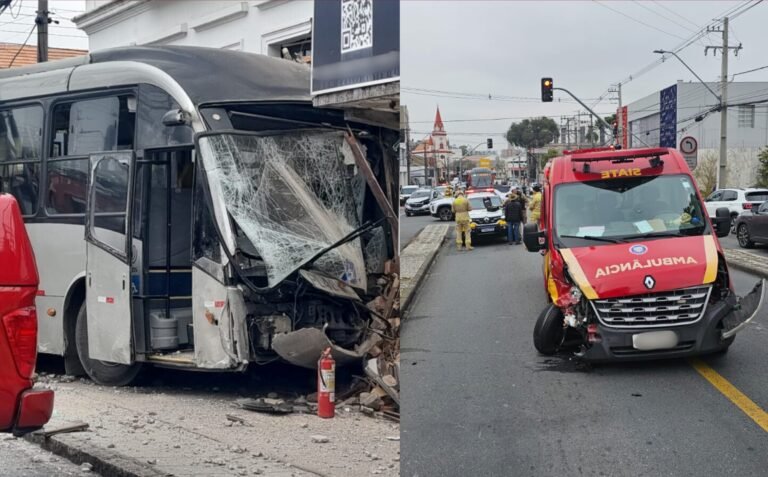 Acidente com carro e ônibus mobiliza resgate, e ambulância enviada para atendimento é atingida por outro carro, em Curitiba