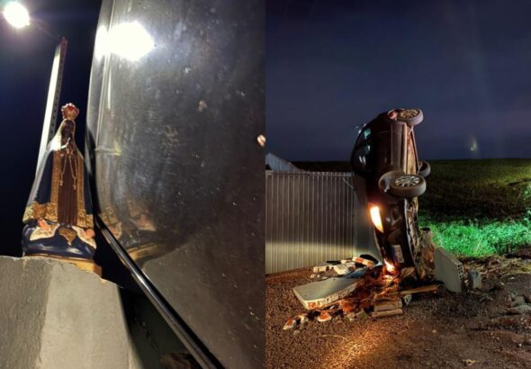 Carro capota, para aos pés de imagem de Nossa Senhora, e motorista escapa ilesa no Paraná