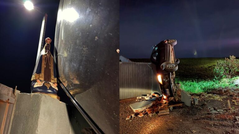 Carro capota, para aos pés de imagem de Nossa Senhora, e motorista escapa ilesa no Paraná