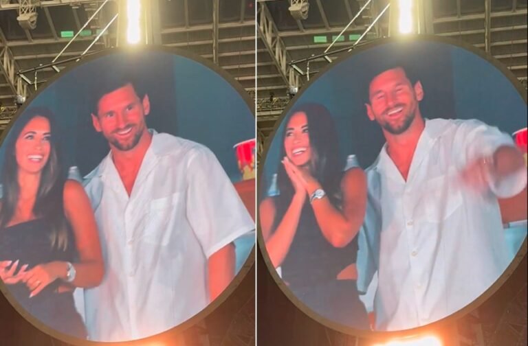 Ao lado da esposa, Messi aparece na ‘kiss cam’ e é ovacionado em show do Coldplay