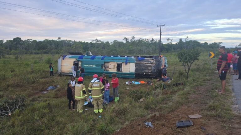 Ônibus com 31 passageiros sai da pista e tomba na BR-156, no Amapá